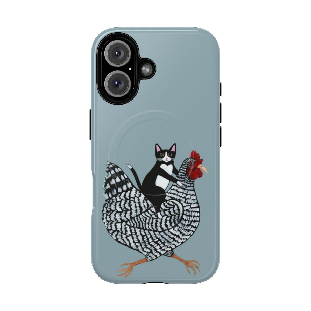 Tuxedo cat riding a chicken on a magnetic tough phone case