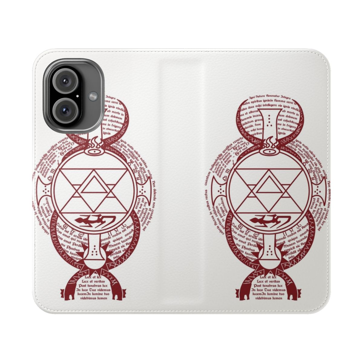 Anime-inspired fullmetal alchemist flip phone case featuring a Riza Hawkeye tattoo design with alchemy symbols.