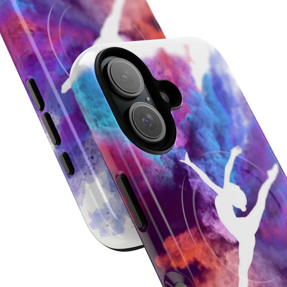 Colorful phone case featuring a gymnast in a pink leotard performing a rainbow explosion design - Detail