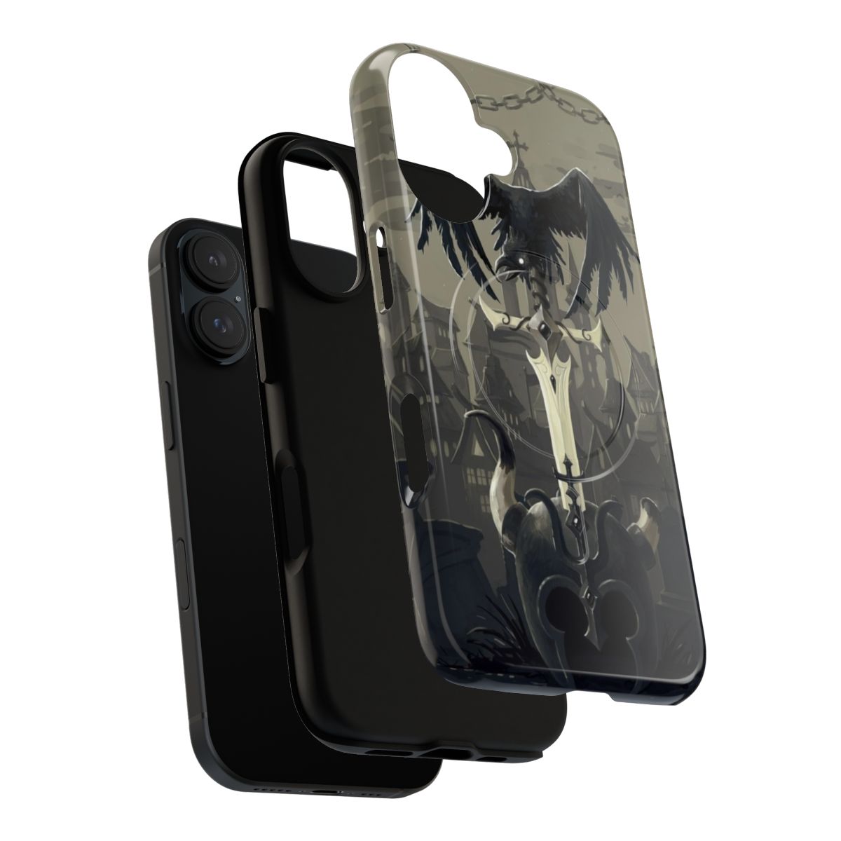 Dark fantasy phone case with helmets, swords, chains, and crows - Layers