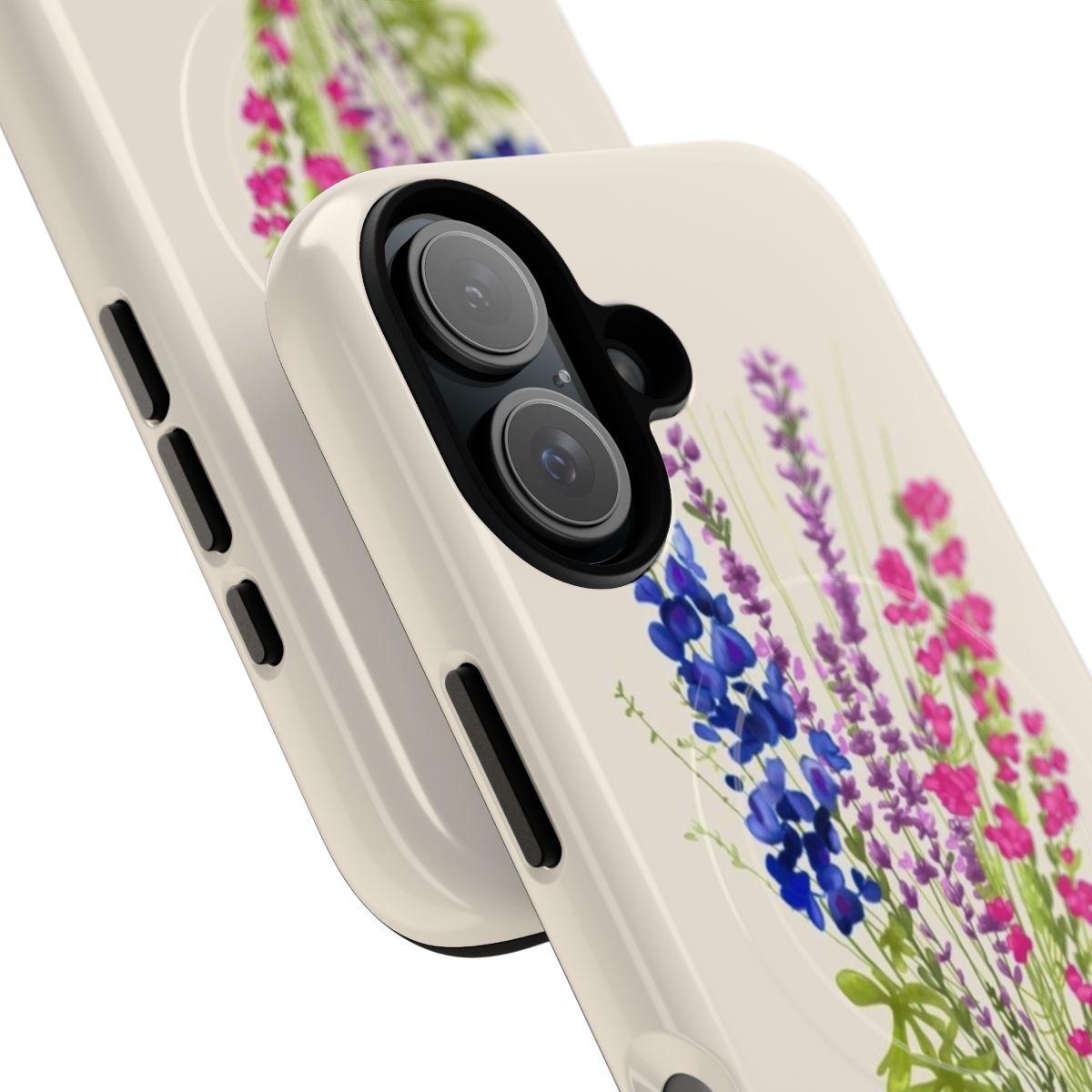 Subtle bisexual pride floral phone case featuring lavender, heather, and texas bluebonnet flowers in pastel pink, blue, and purple colors. - Detail