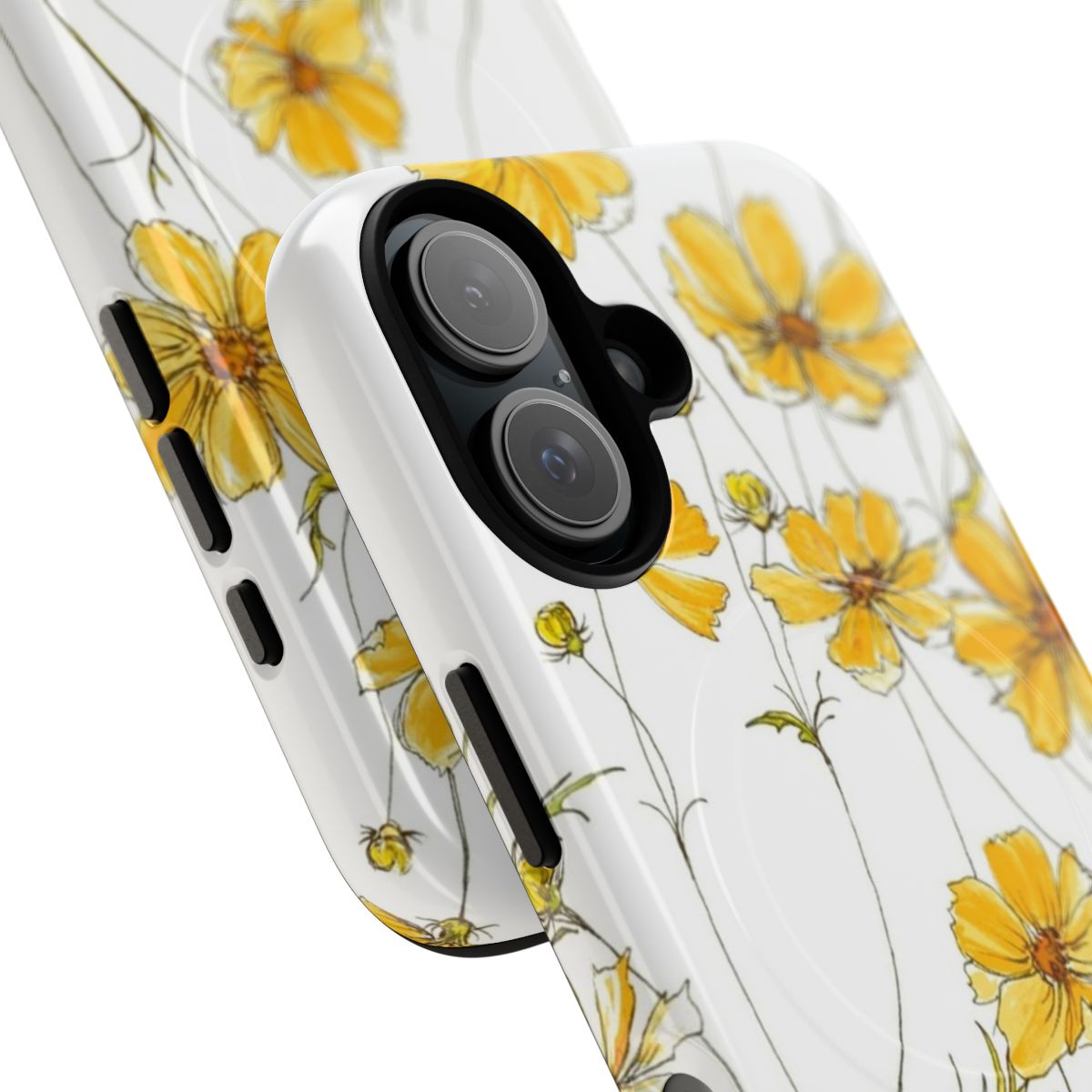 Yellow cosmos flowers phone case with a natural, botanical pattern - Detail