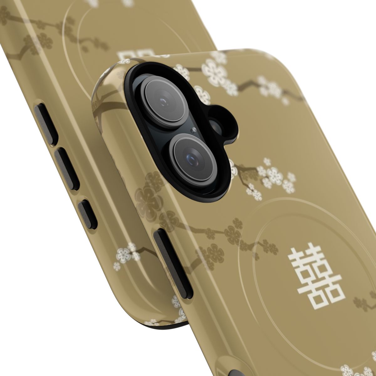 Ivory white oriental cherry blossoms on a gold and Chinese double happiness phone case design - Detail