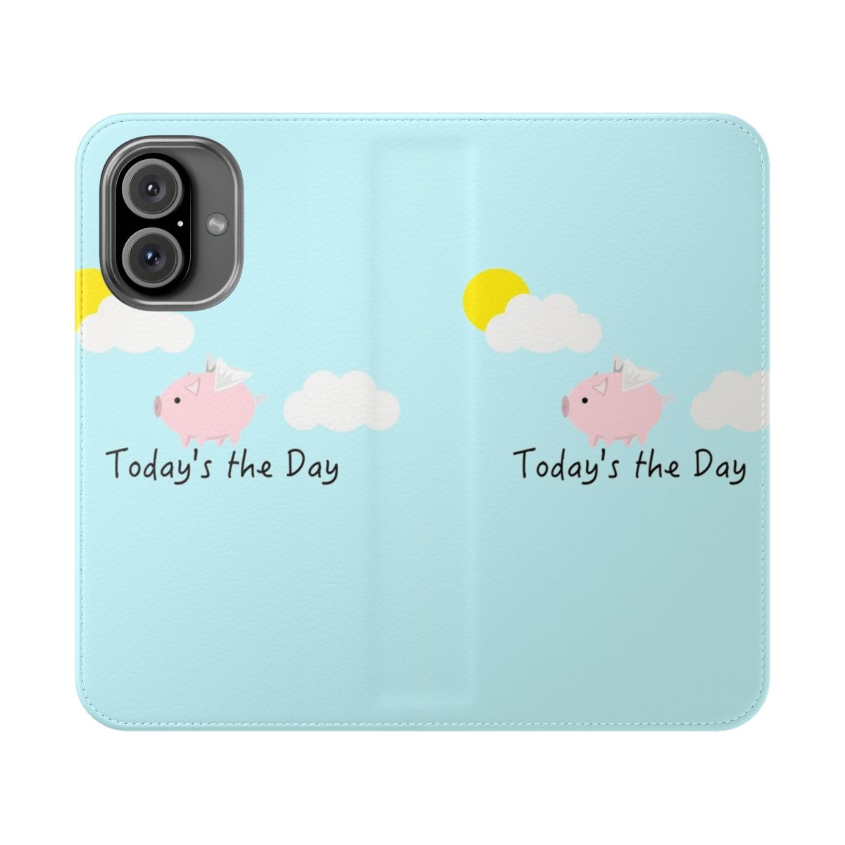 Flip phone case featuring a cute, flying pig design