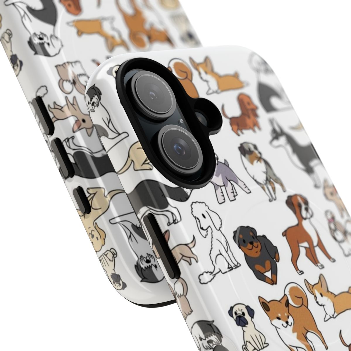 Magnetic tough phone case with a repeating pattern of various dog breeds - Detail