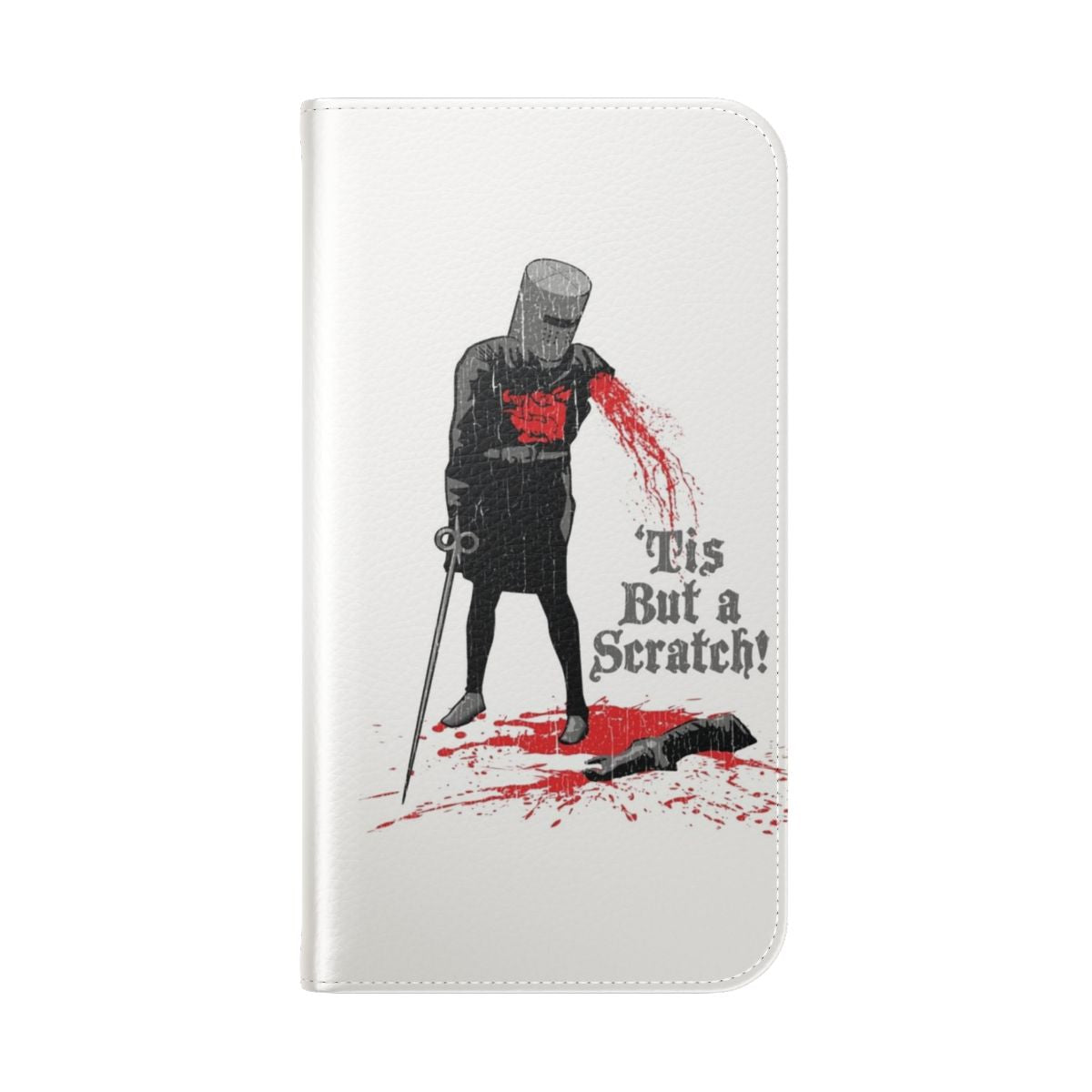 A flip cover phone case featuring a medieval-inspired design, paying homage to the classic Monty Python and the Holy Grail film. - Folded Back