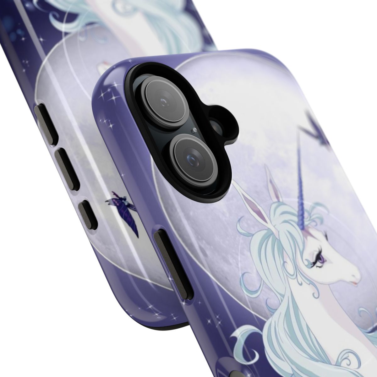 A phone case featuring a silhouetted unicorn and full moon design. - Detail