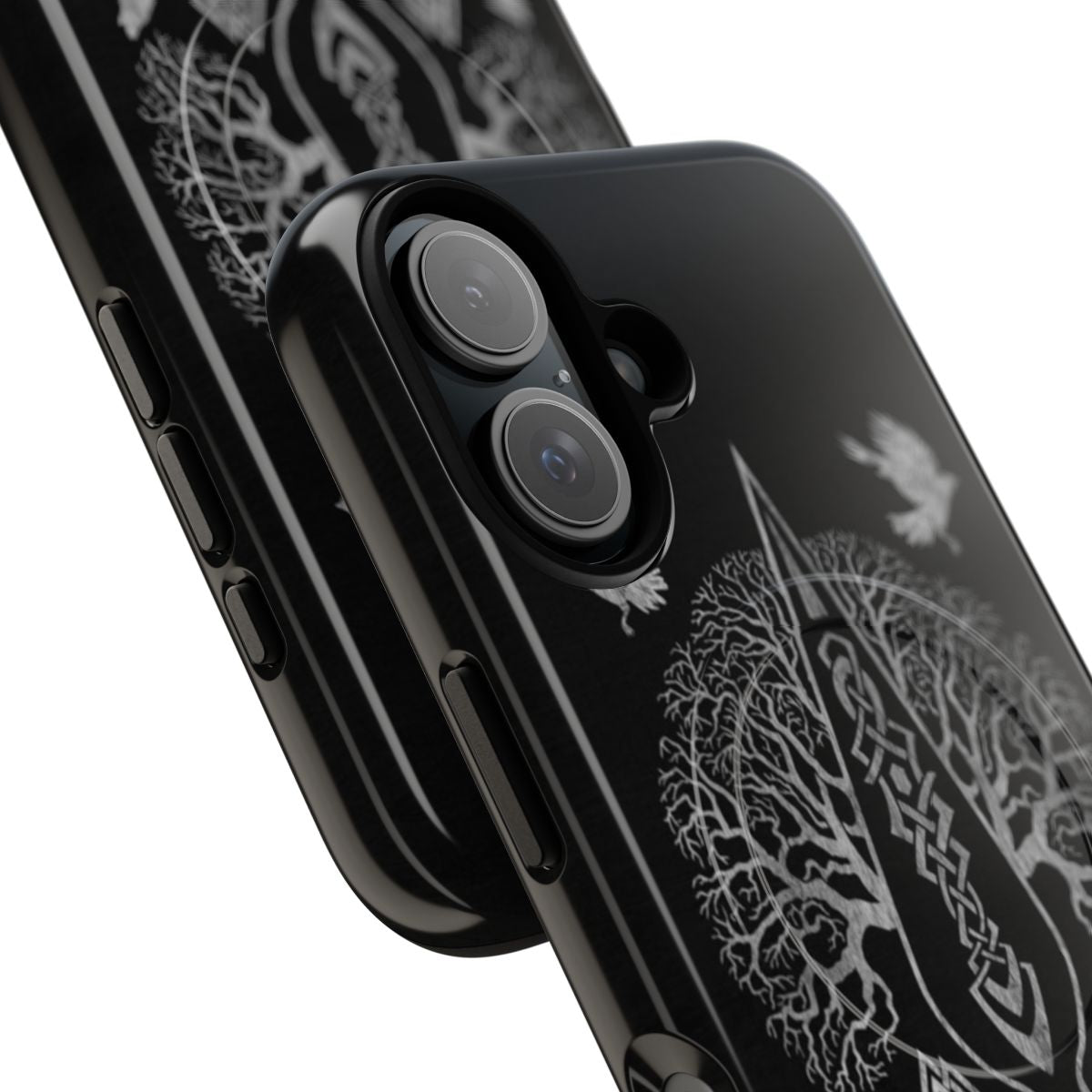 Gungnir spear and Yggdrasil tree of life design on a tough phone case - Detail