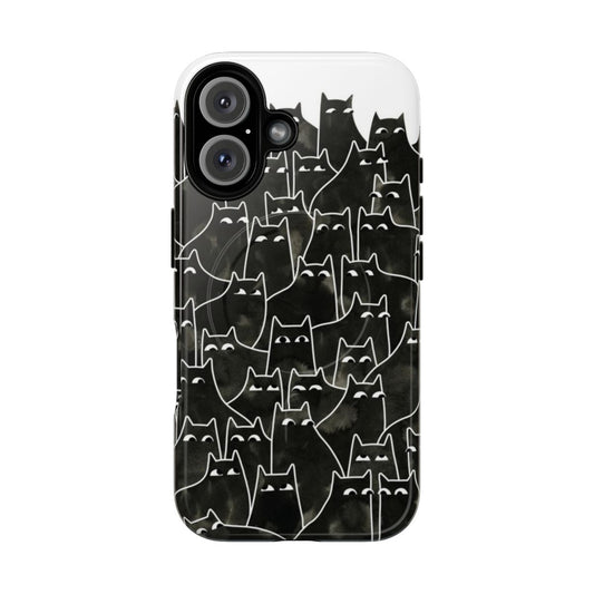 Colorful watercolor and ink patterns featuring suspicious-looking cats on a tough phone case