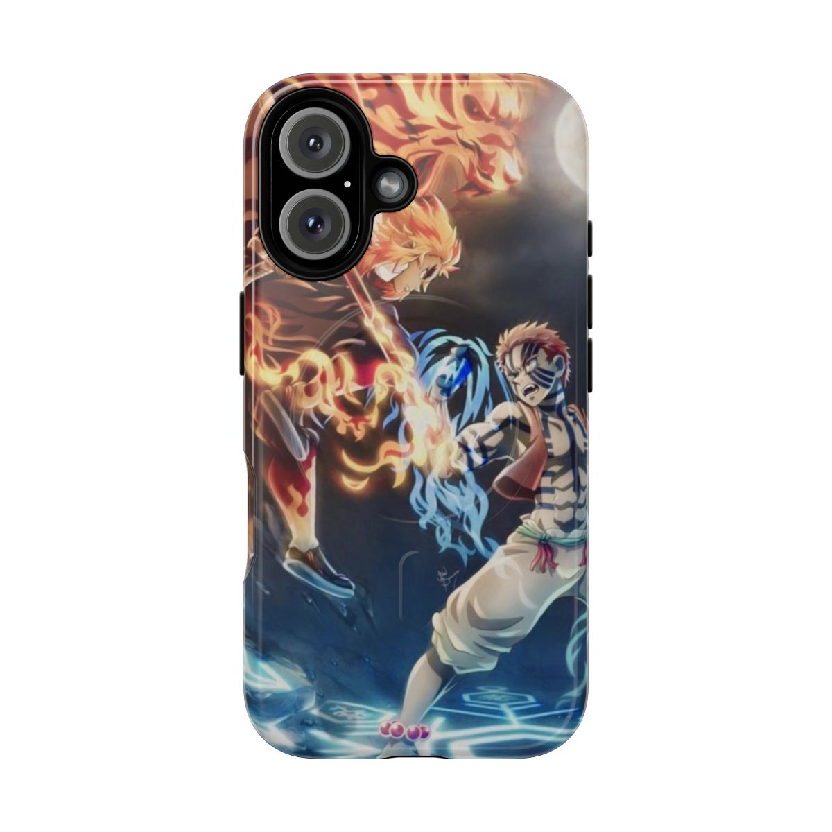 Demon Slayer-inspired phone case featuring Kyojuro Rengoku and Akaza artwork