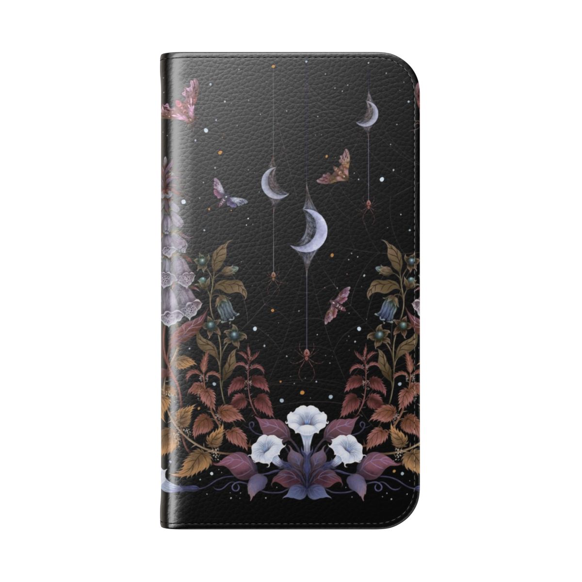 Gothic witch-themed phone case with spider web, crescent moon, and floral elements - Folded Back