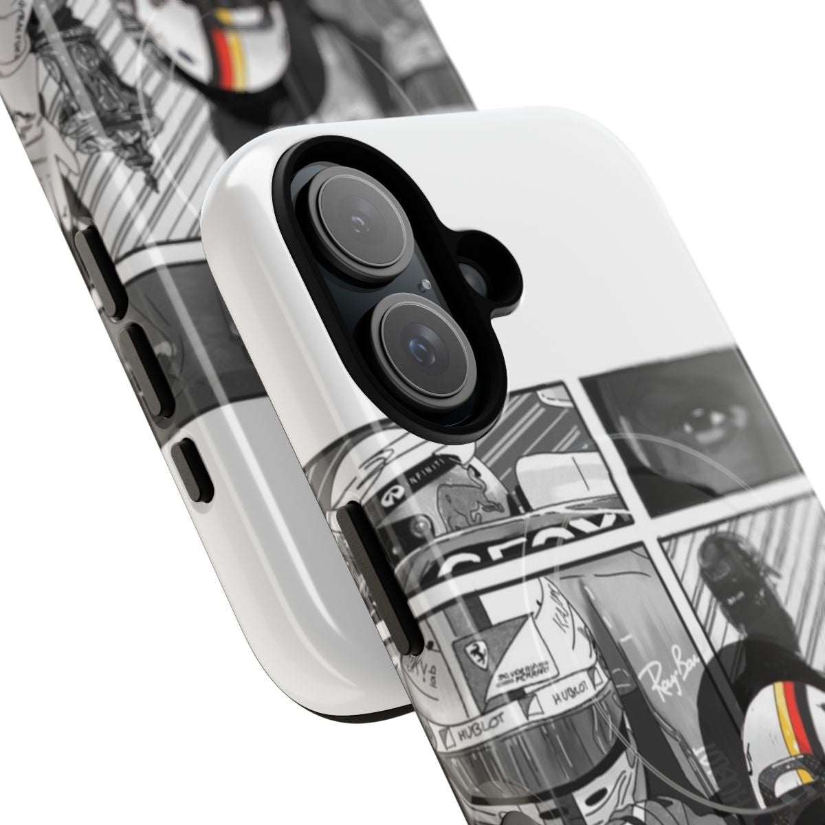 Durable phone case with a magnetic design featuring Sebastian Vettel, the renowned Formula 1 driver. - Detail