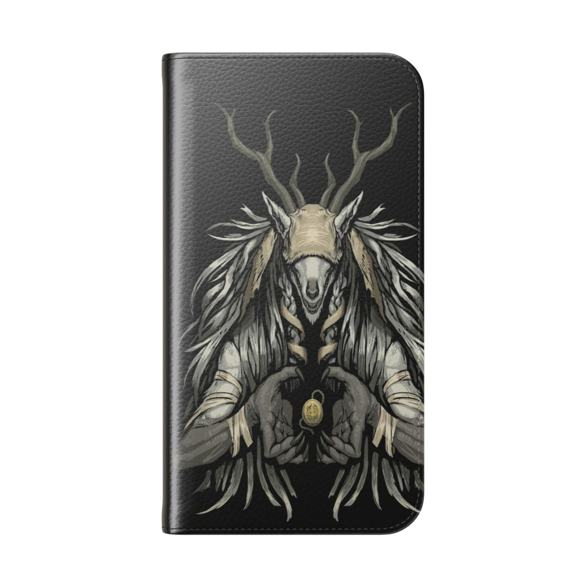 A flip cover phone case featuring a spooky, dark fantasy design inspired by the Bloodborne video game. - Folded Back