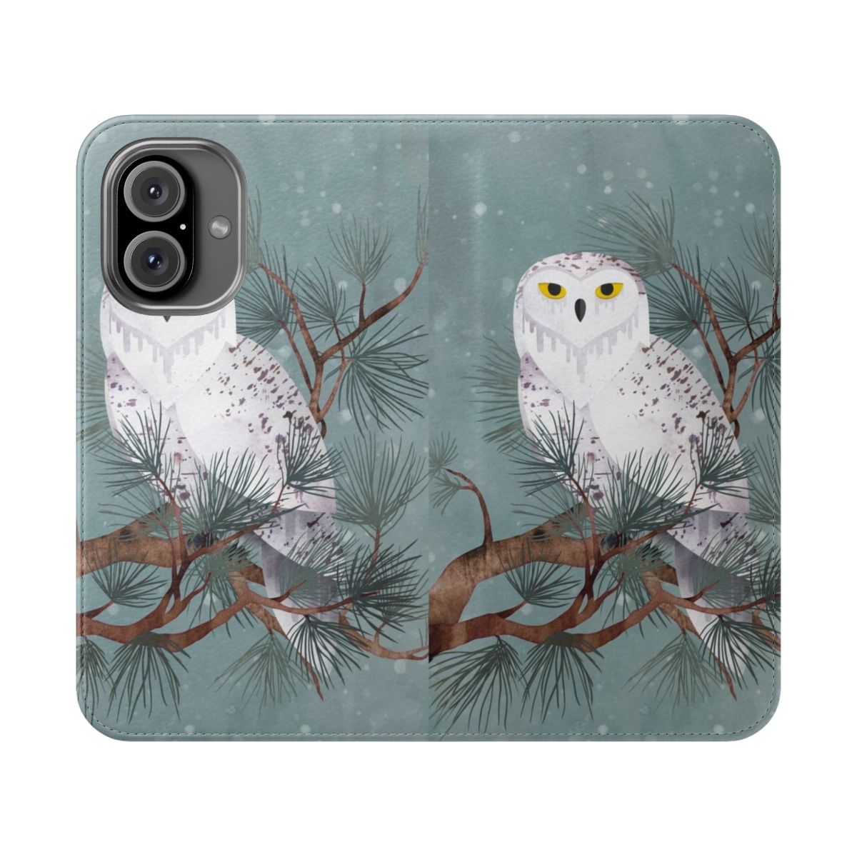 Snowy winter landscape design on a phone case with pine needles, owls, and icy textures.