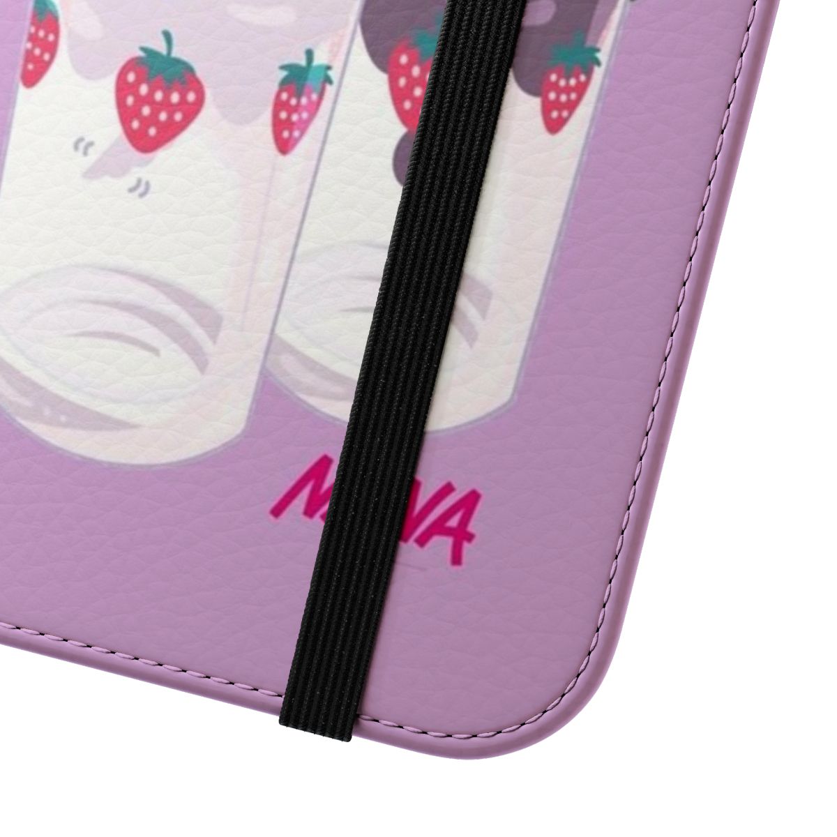 A flip cover phone case with a strawberry glasses print, inspired by the popular anime and manga series Nana. - Close Up