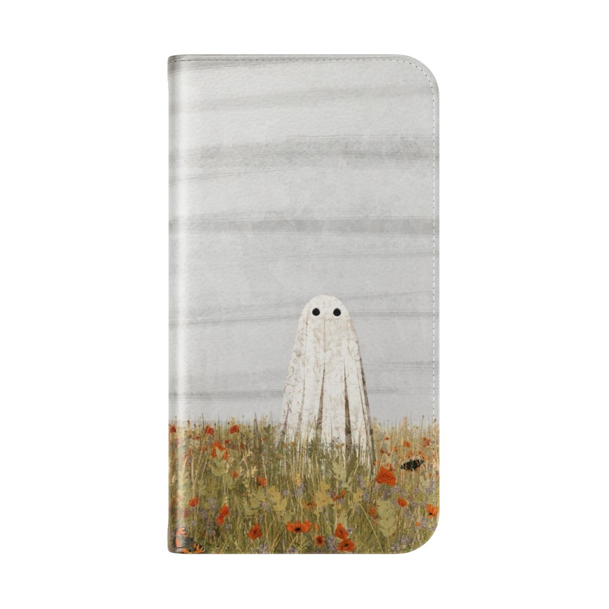 Vintage-style phone case featuring a dreamy floral meadow scene with poppies and butterflies - Folded Back