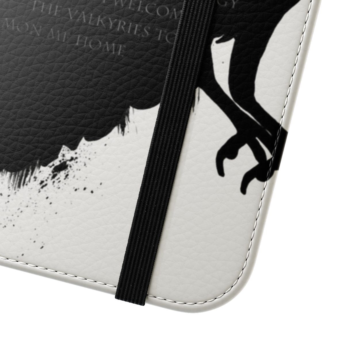 Flip phone case with a black and white design featuring a crow or raven, inspired by Norse mythology and the Vikings. - Close Up