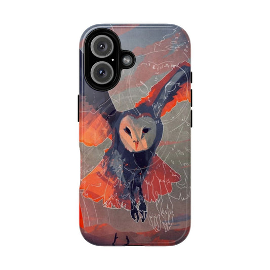 A magnetic phone case featuring a detailed sketch of an owl in flight against a vibrant sunset sky.