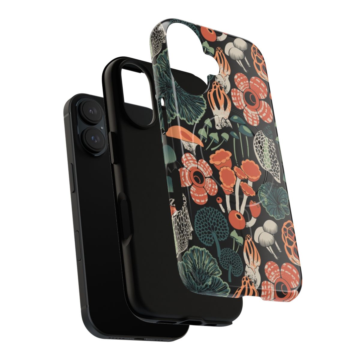 A close-up view of dark brown, green, and orange wild toadstool mushrooms against a dark background, featured on a magnetic tough phone case. - Layers