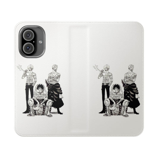 Anime-inspired phone case featuring the Mugiwara Trio of Luffy, Zoro, and Sanji from the popular manga and anime series One Piece.