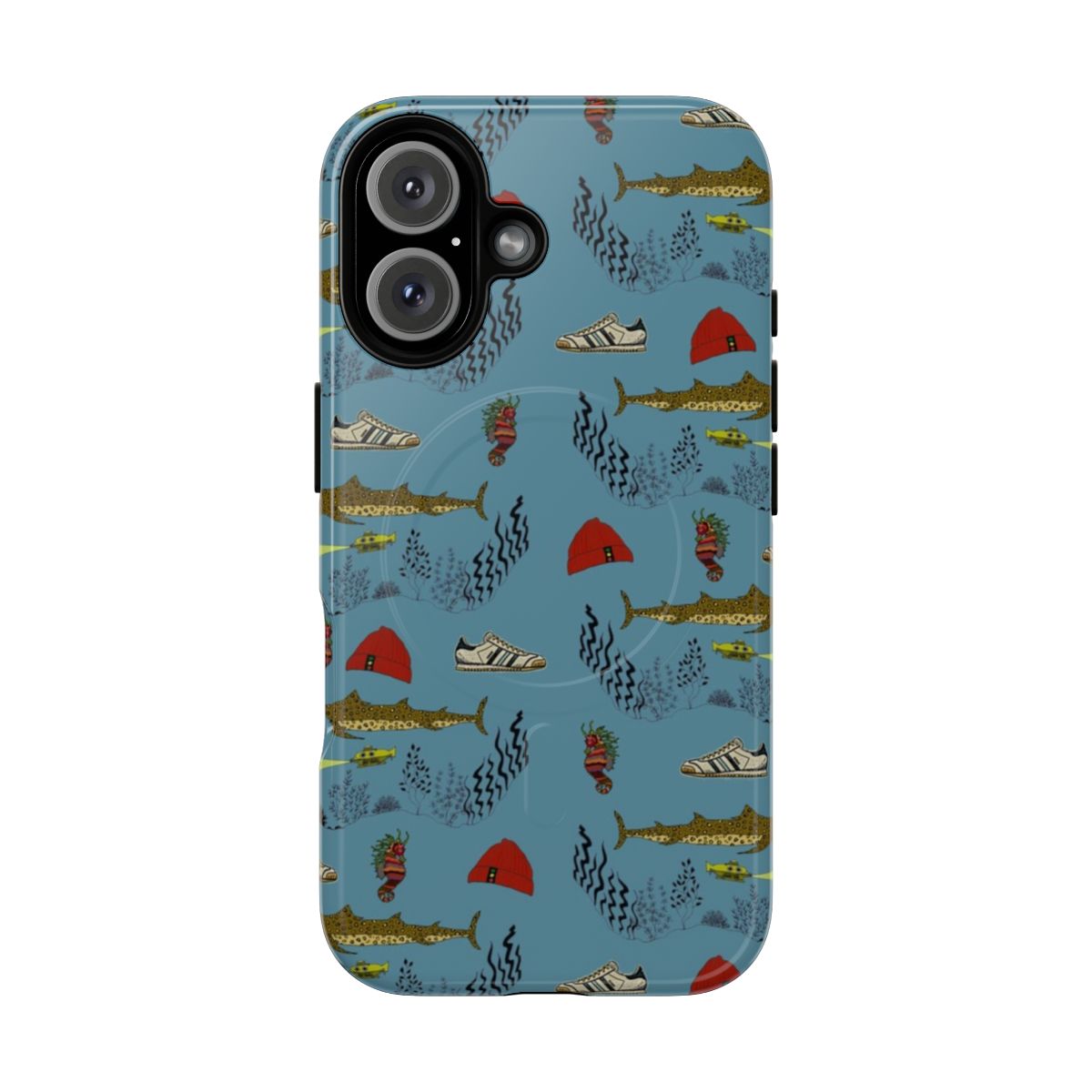 An image of a magnetic tough phone case featuring an underwater pattern inspired by the movie "The Life Aquatic with Steve Zissou" by Wes Anderson.