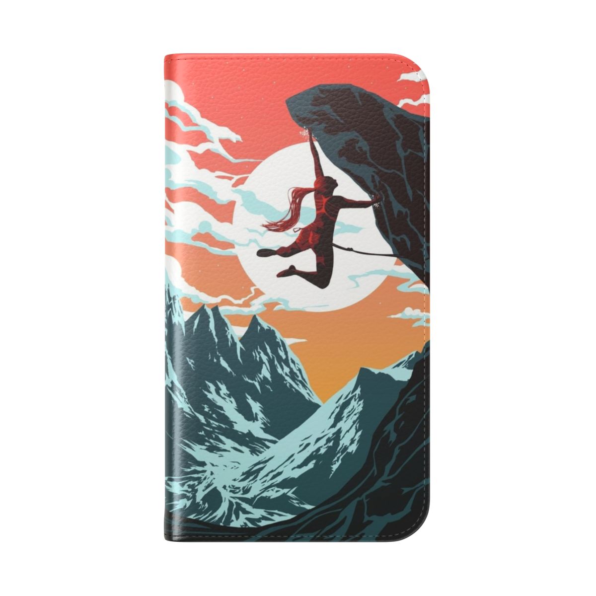 Illustration of a colorful female rock climber scaling a mountainous cliff - Folded Back