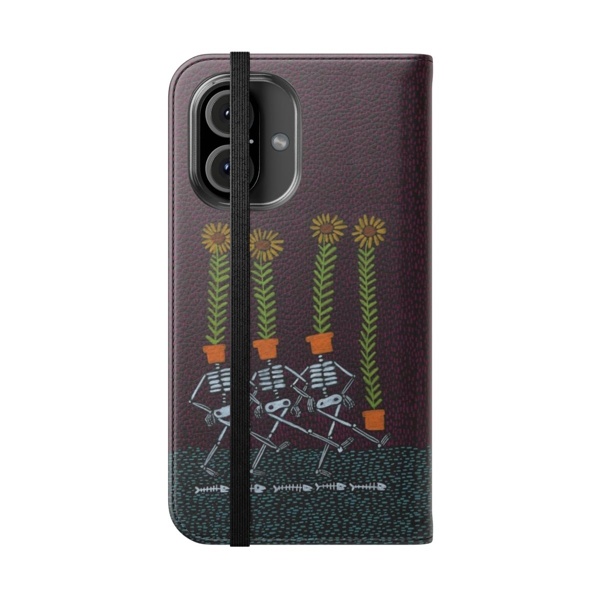 Colorful flip phone case featuring a detailed sunflower skeleton design - Folded Front