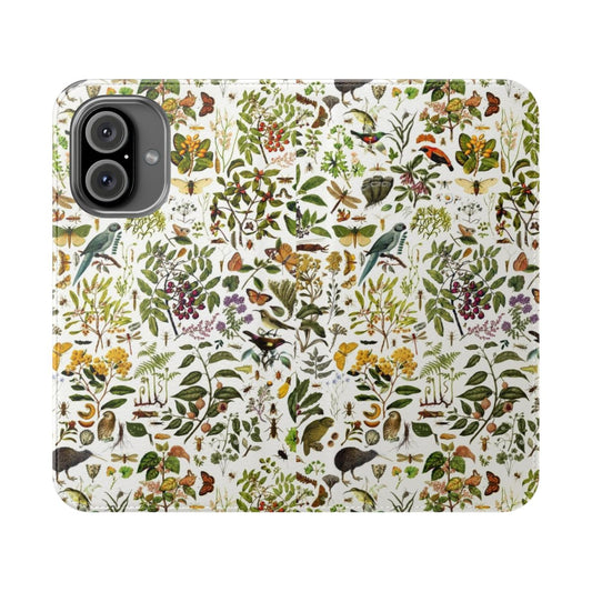 Detailed phone case with a collage of native New Zealand flora and fauna, including butterflies, birds, and intricate botanical elements.