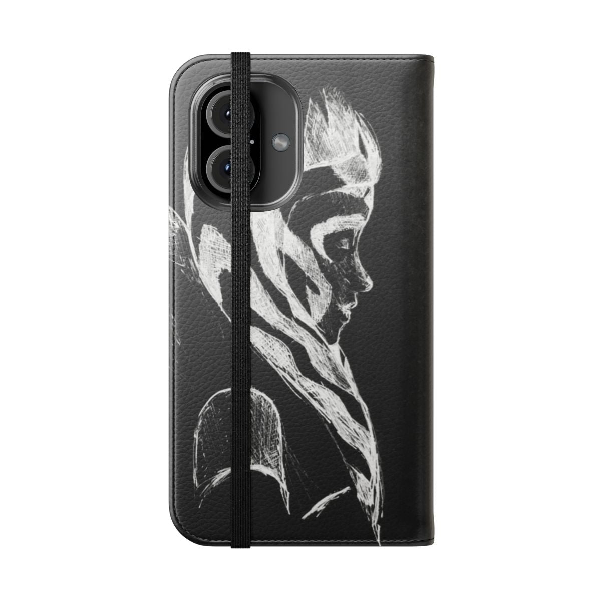 Stylized black and white sketch art design of Ahsoka Tano, a popular character from the Star Wars universe, on a flip phone case. - Folded Front