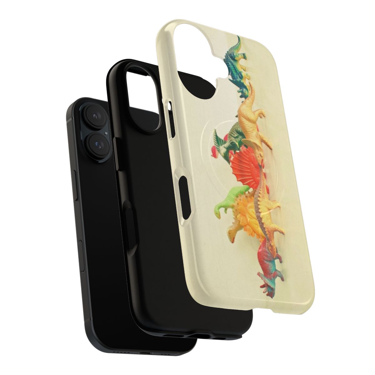 Illustration of a colorful, whimsical dinosaur design on a protective phone case - Layers