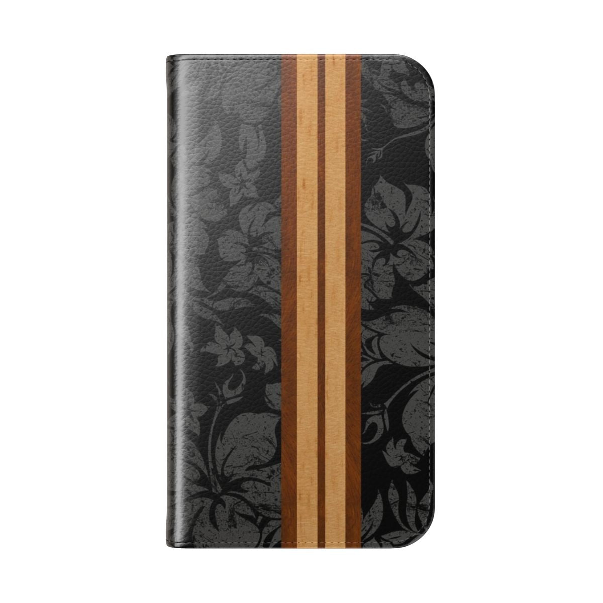 Faux koa wood phone case with a tropical surfboard design in black and gray - Folded Back