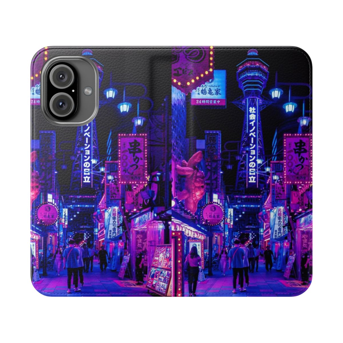 Stylish anime-themed flip phone case featuring scenes of Osaka, Japan's vibrant city streets.