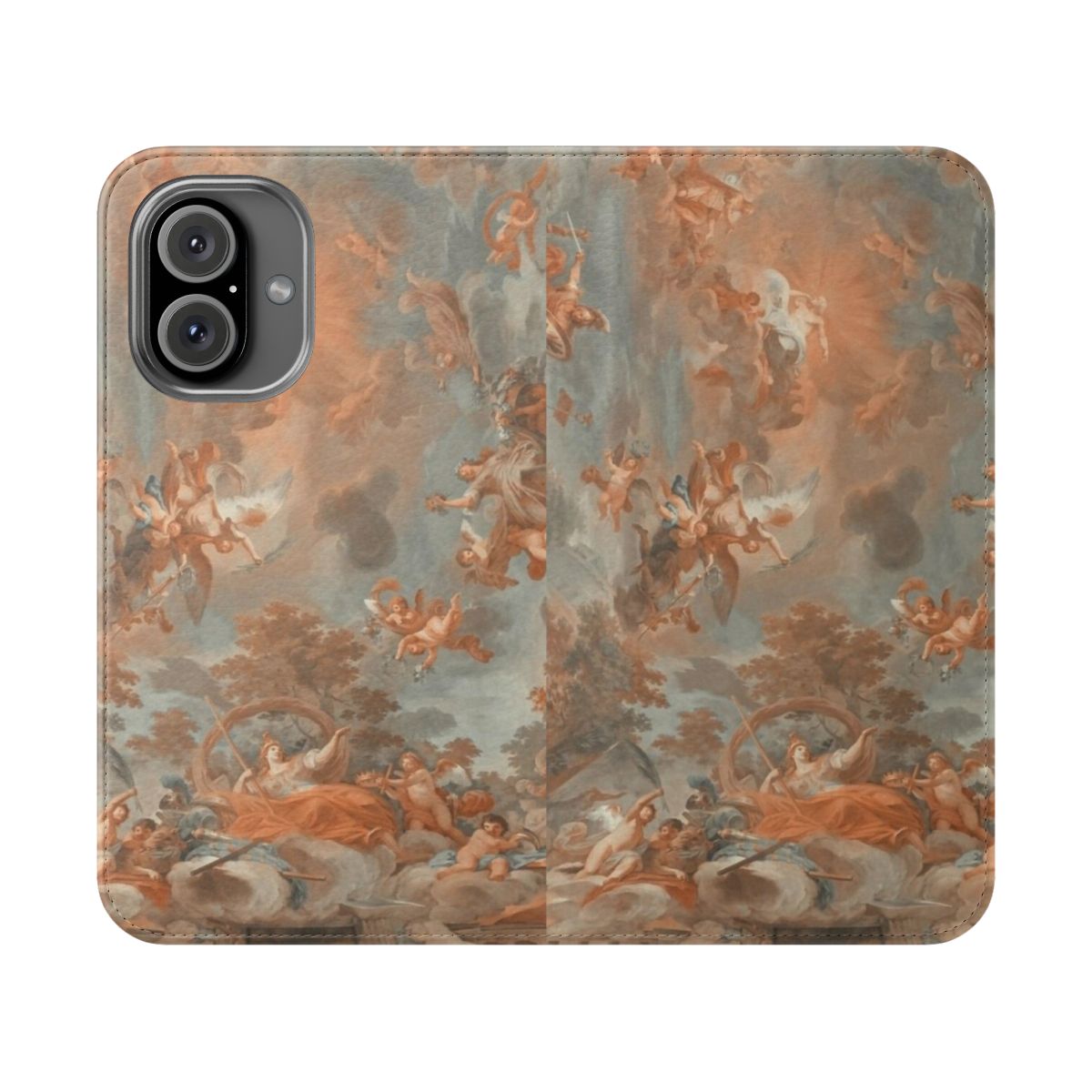 Flip phone case featuring a renaissance-style painting of angelic cherubs