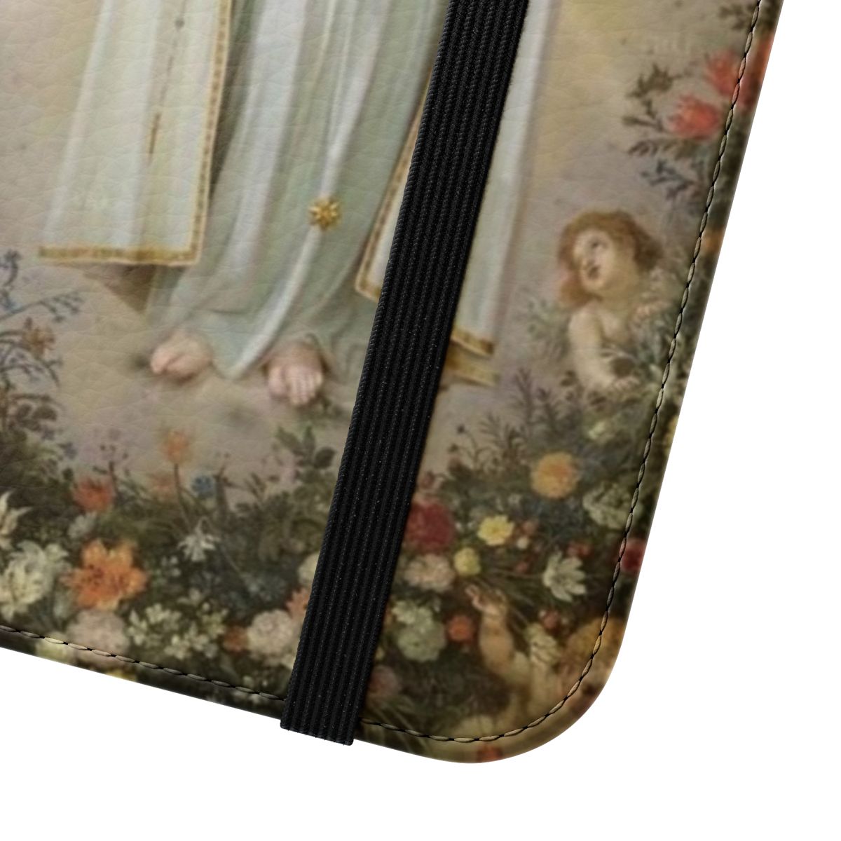 Flip cover phone case featuring the Blessed Virgin Mary and the Immaculate Heart of Mary - Close Up