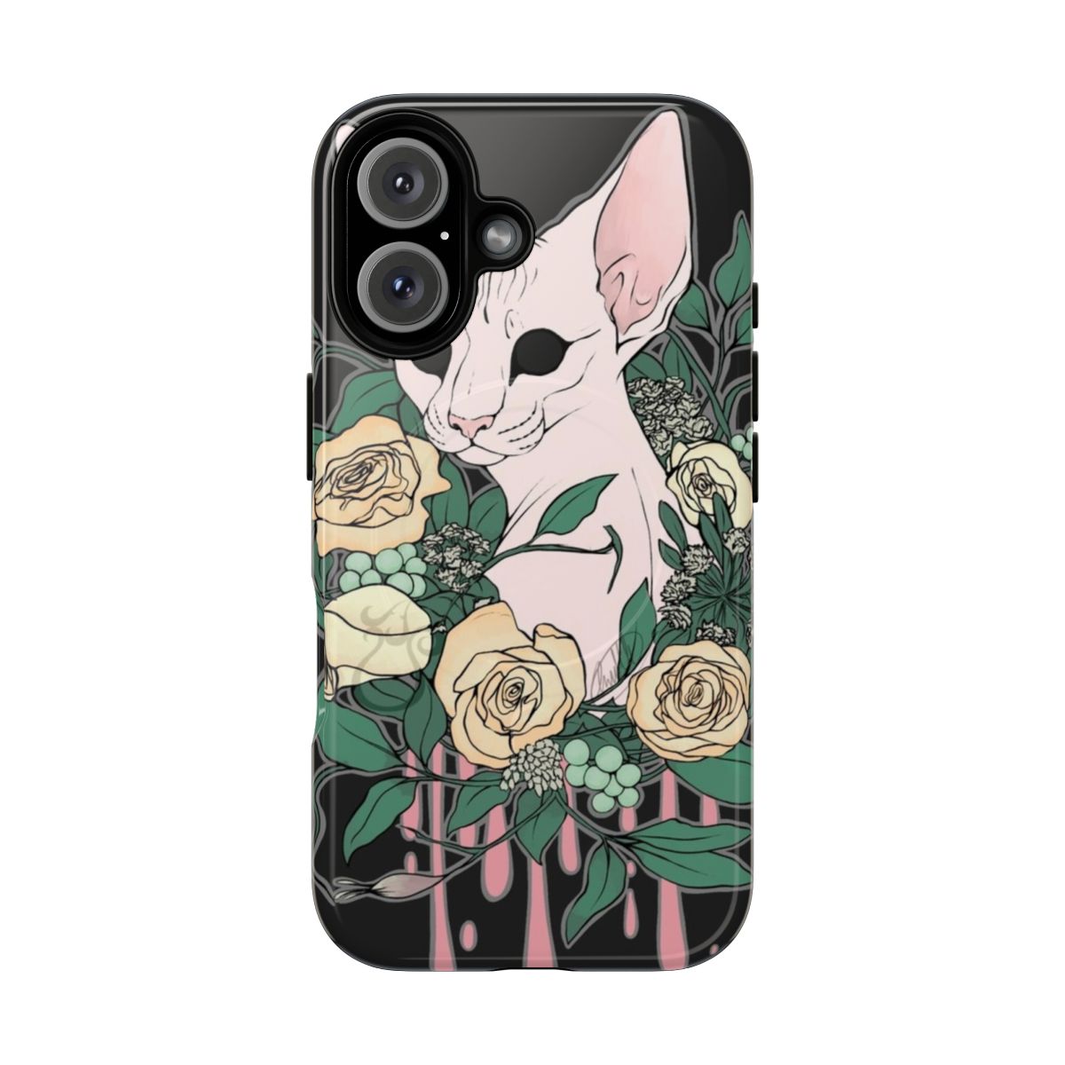 Floral cat print phone case with magnetic closure