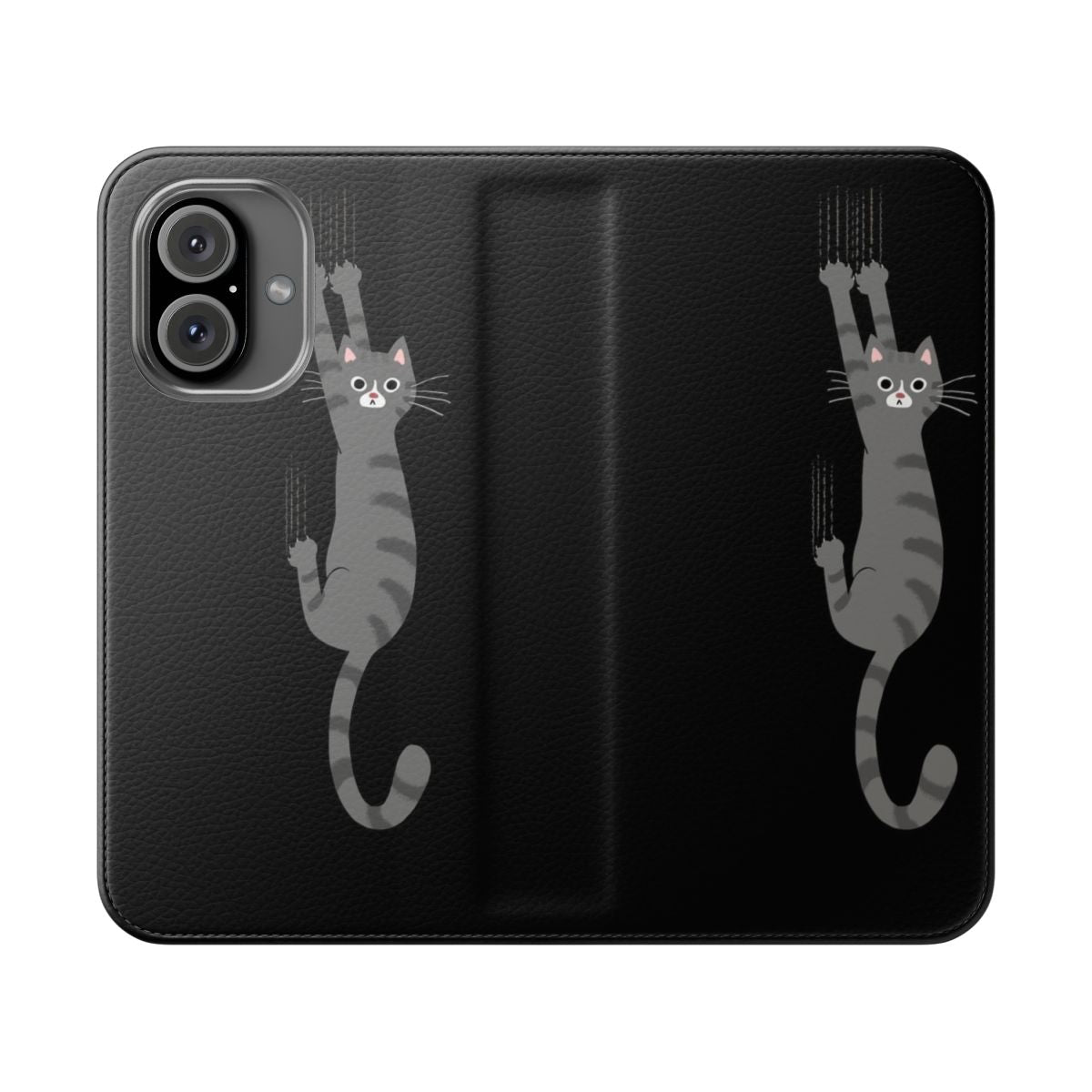 Illustration of a grey striped tabby cat hanging onto a phone case with its claws