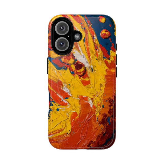 Vibrant and dynamic abstract art smartphone case featuring a fiery burst of red and yellow swirls