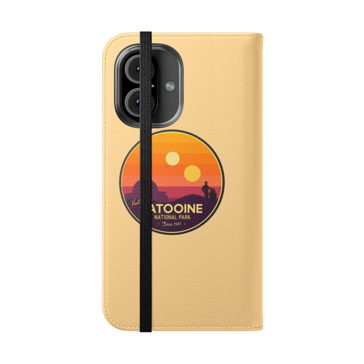 Flip cover phone case featuring the iconic desert landscape of Tatooine from the Star Wars universe. - Folded Front