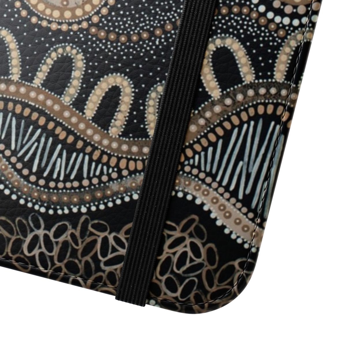 Aboriginal-inspired phone case featuring detailed, earthy-toned dot painting designs - Close Up