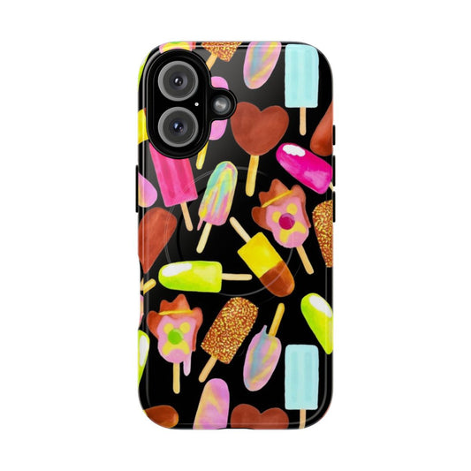 A black magnetic tough phone case with a scattered ice cream design, inspired by classic Australian ice cream brands.