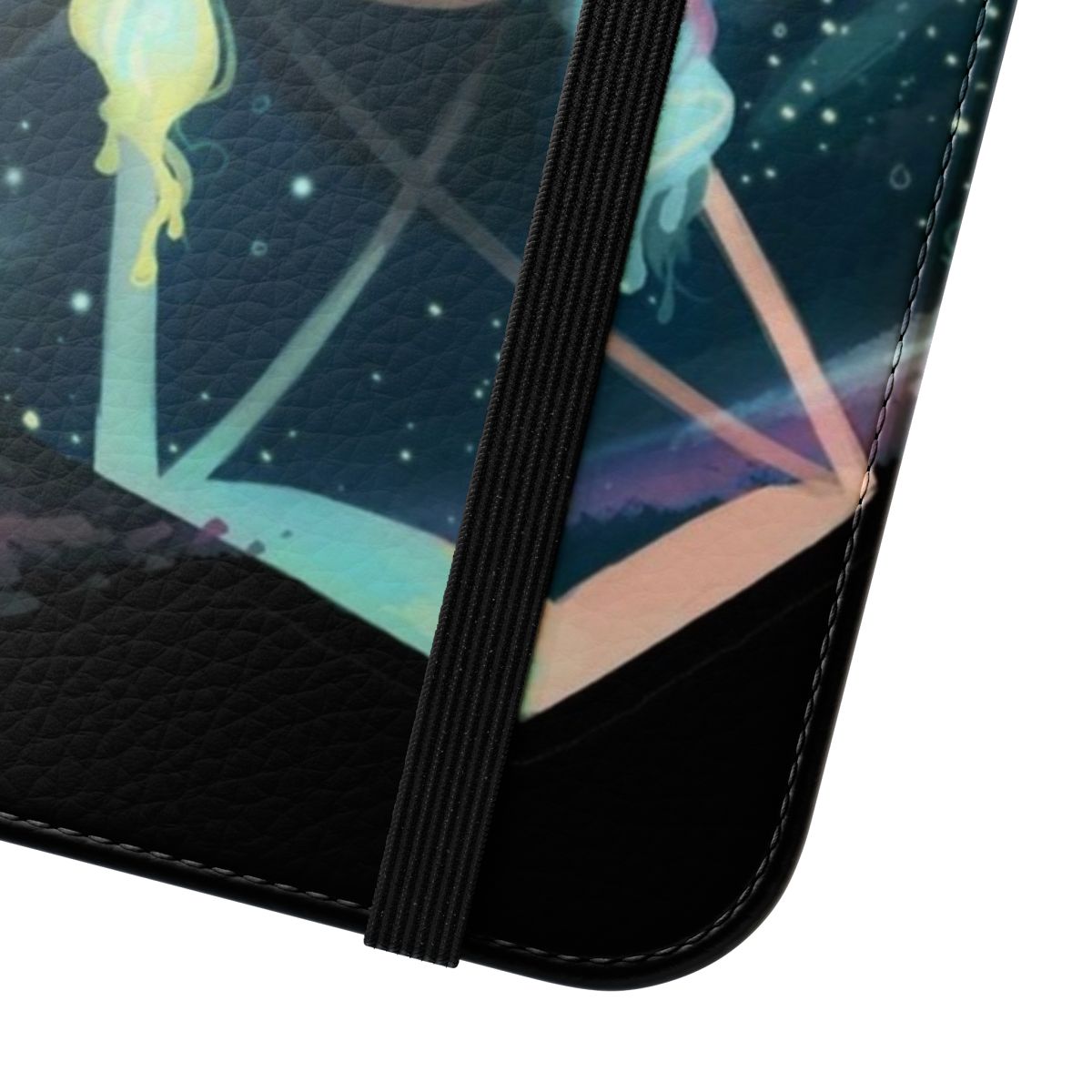 A black phone case with a detailed illustration of the Milky Way galaxy and stars. - Close Up