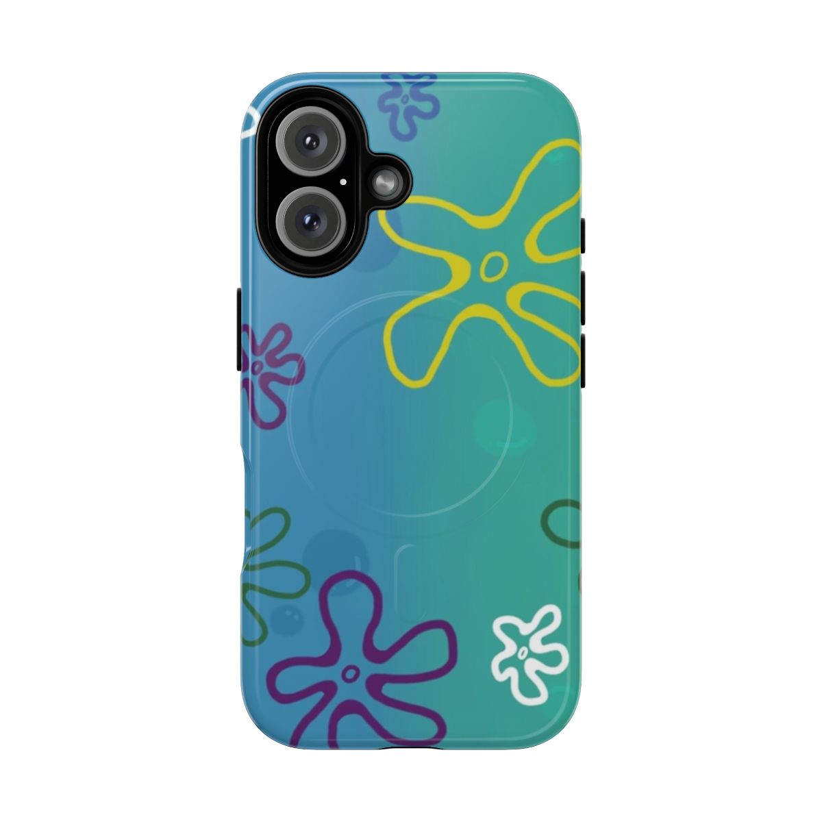 Retro floral phone case with blue background and white bubbles, inspired by Spongebob Squarepants