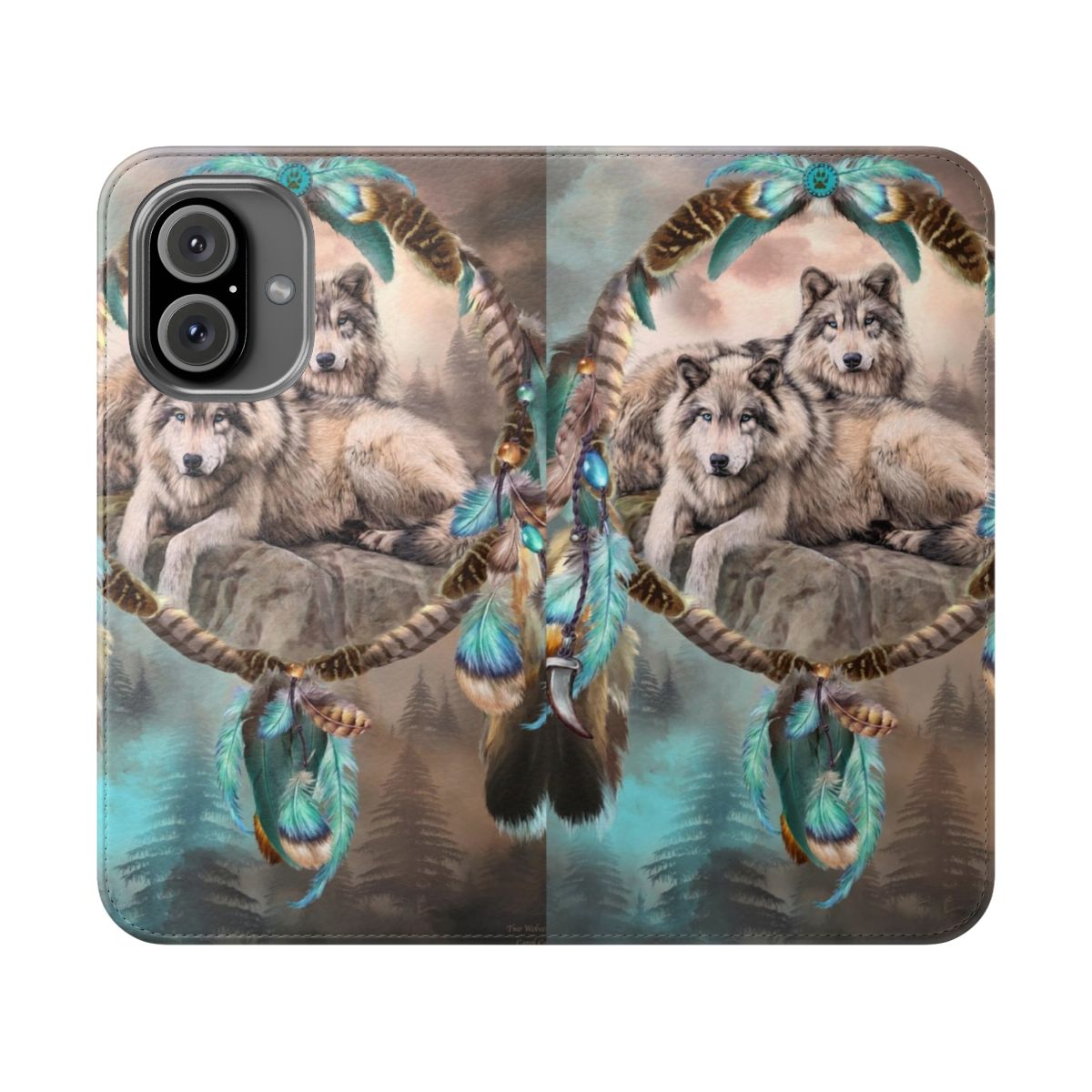 Flip cover phone case featuring a dreamcatcher design with two wolves together