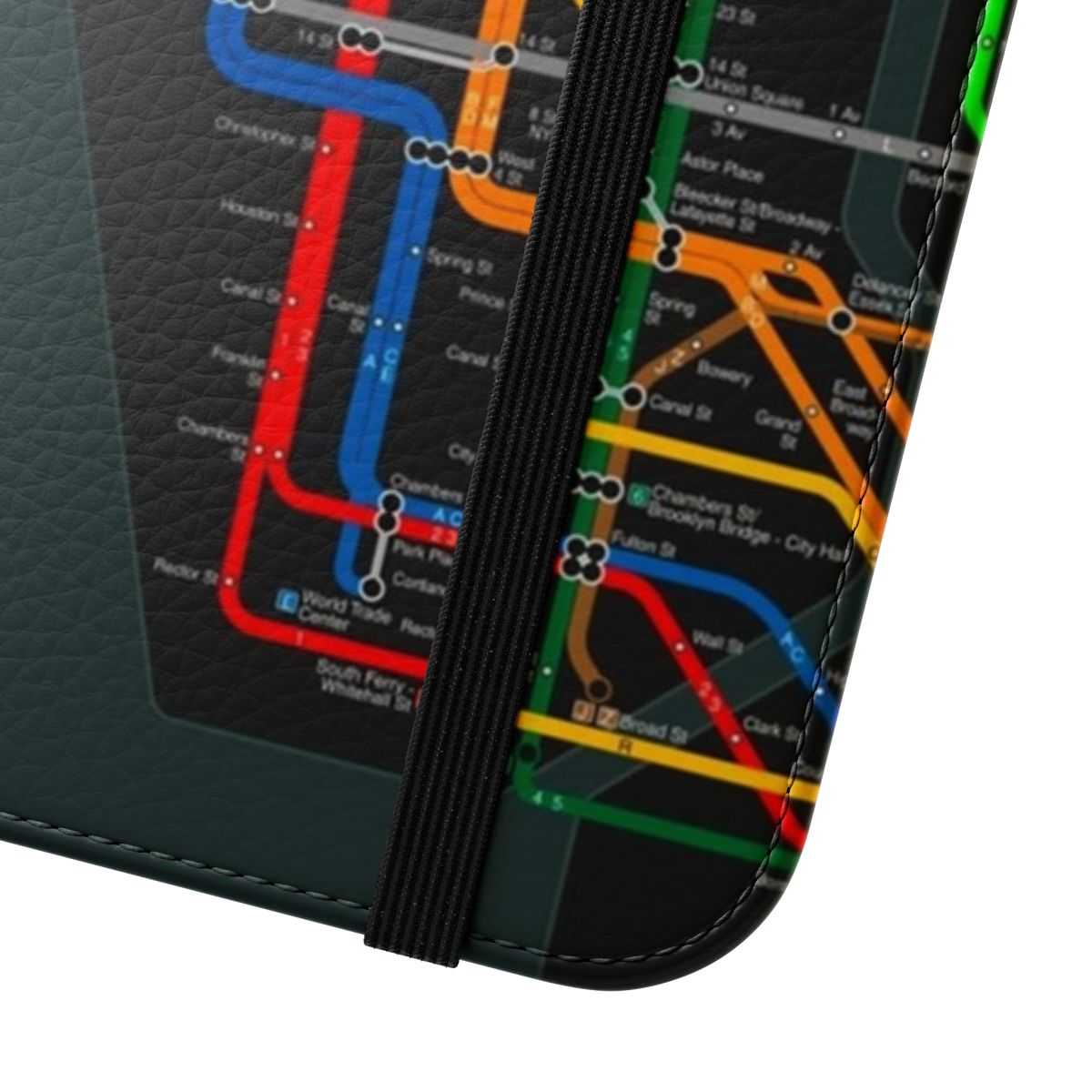 New York City subway map printed on a black phone case - Close Up