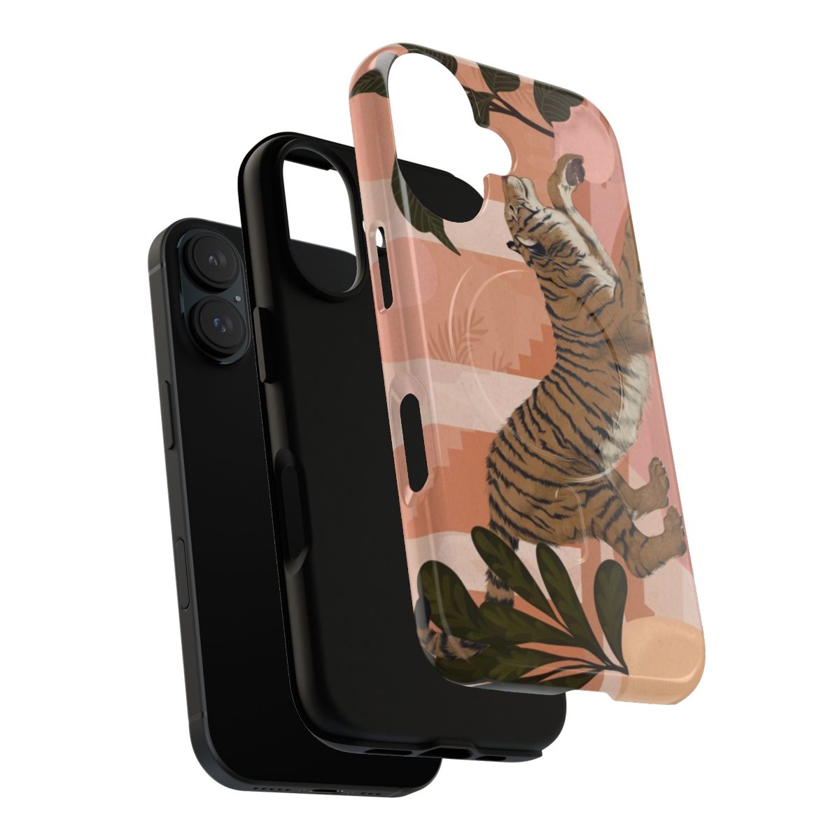 Magnetic tough phone case with boho tropical tiger and leaf design - Layers