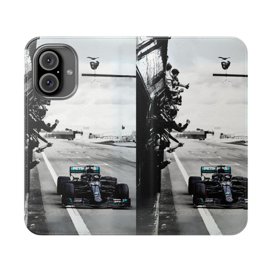 Vintage digital art-inspired flip cover phone case featuring Lewis Hamilton, the iconic Formula 1 world champion.