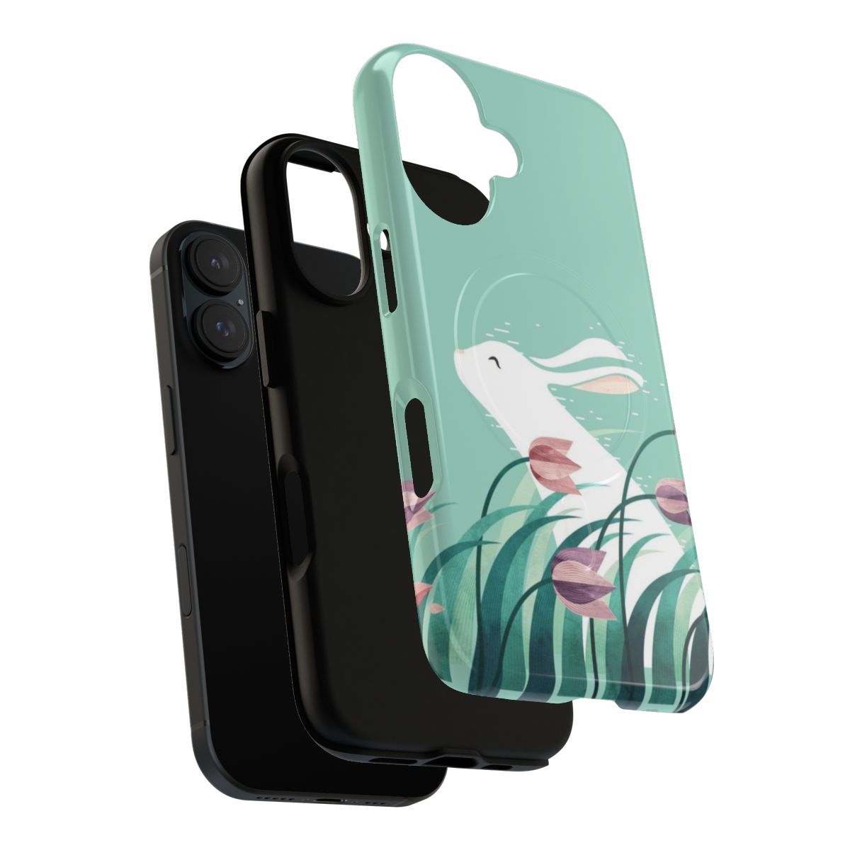 A soft pastel phone case with a resting rabbit and springtime floral design. - Layers