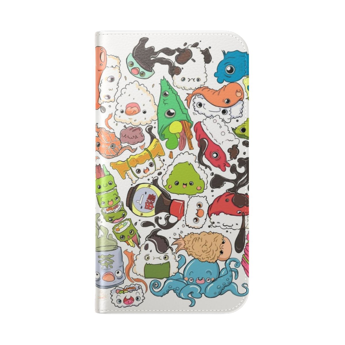 Colorful and detailed illustration of sushi, fish, and other Japanese food elements on a phone case - Folded Back