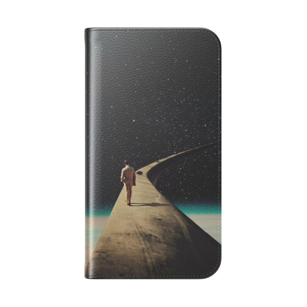 Vintage-inspired collage design phone case with a man walking on a surreal, starry road - Folded Back