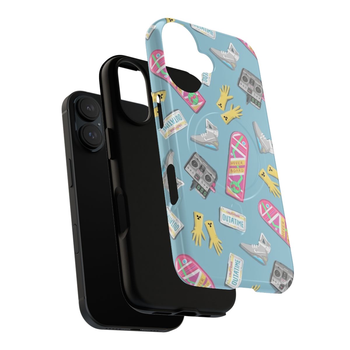 A magnetic phone case with a doodle-style Back to the Future inspired design in pastel colors. - Layers